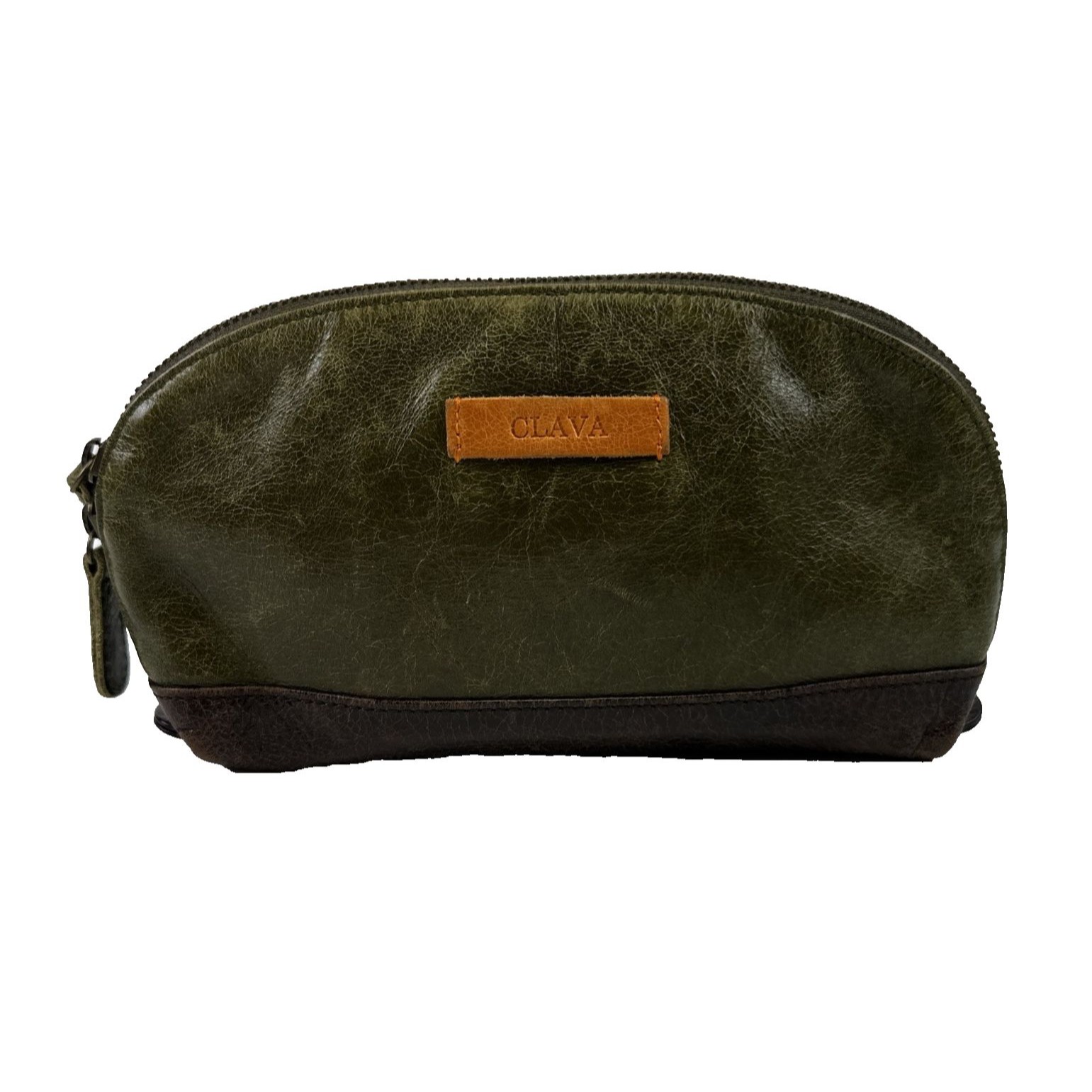 Clava Leather Accessory Clutch Pouch Green Brown Leather Zip Around Small Travel